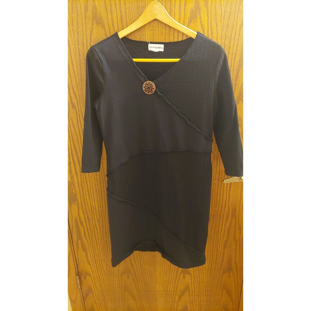 Neon Buddha Black Asymmetrical Knit Dress Women's Small 100% Cotton 3/4 Sleeve